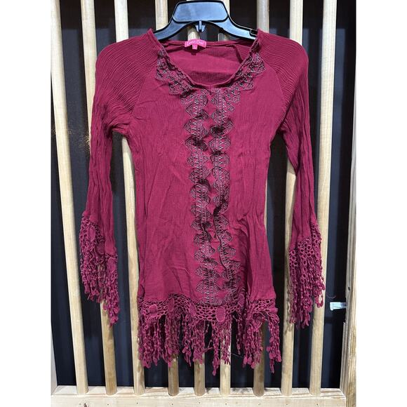 Emma's Closet Top Womens Large Burgundy Boho Crochet Fringe Tunic Festival Rayon - Picture 1 of 6